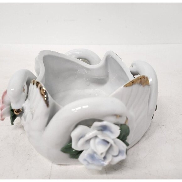 Vintage Ceramic 3D Swan Roses Figural Bowl Candy Dish White Mid Century Modern
